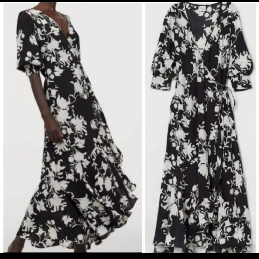JOHANNA ORTIZ H&M COLLABORATION BLACK & WHITE ORCHID FLORAL WRAP DRESS US SIZE M
